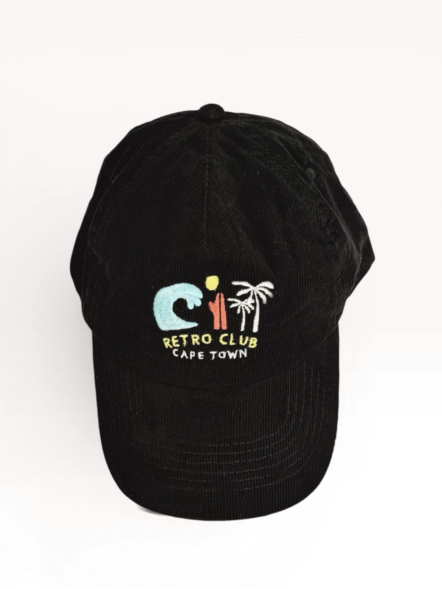Retro 5 Panel Corduroy Cap - Black "Surfs Up"