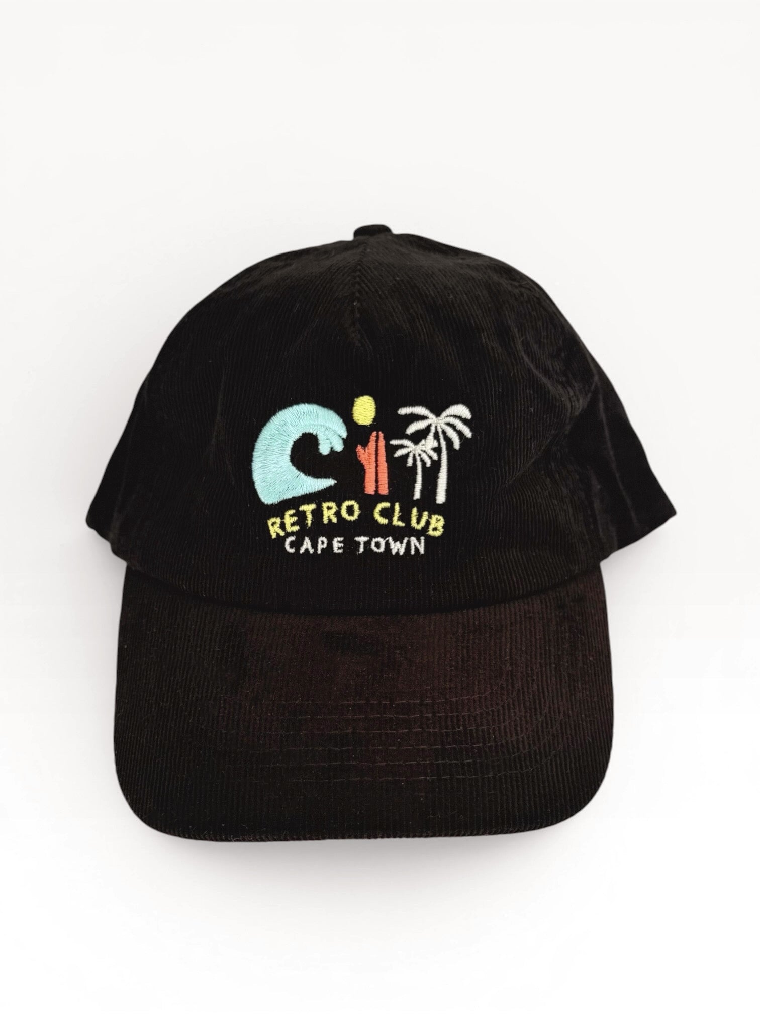 Retro 5 Panel Corduroy Cap - Black "Surfs Up" – Retro Club