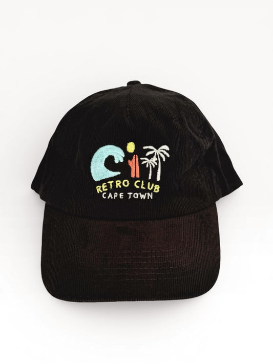 Retro 5 Panel Corduroy Cap - Black "Surfs Up"